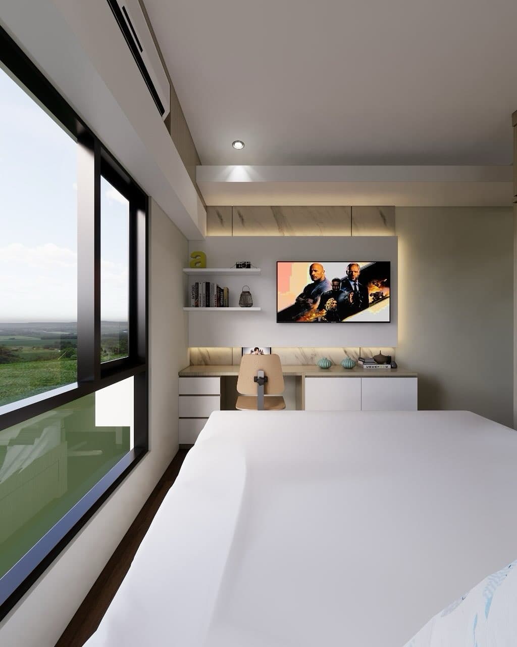 Bedroom render with a study desk, TV wall, and city view