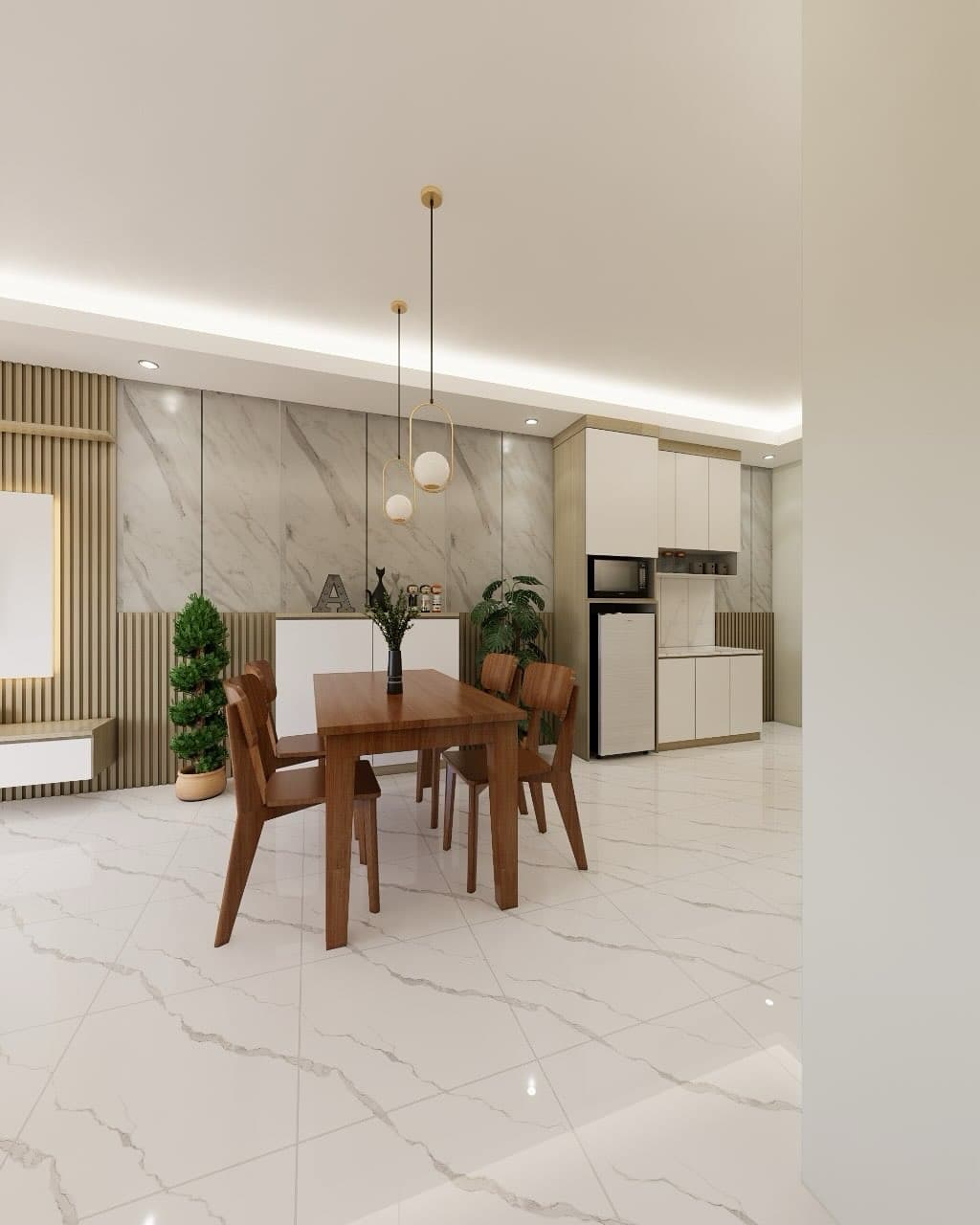 Dining and kitchen render with marble wall panels and gold pendant lights