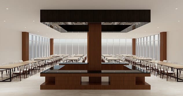 Guest house dining hall render with long tables and a central timber volume
