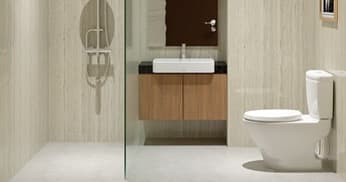 Guest house bathroom render with a glass shower and timber vanity