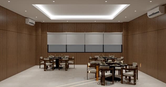 Guest house dining room render with timber walls and ceiling cove lighting