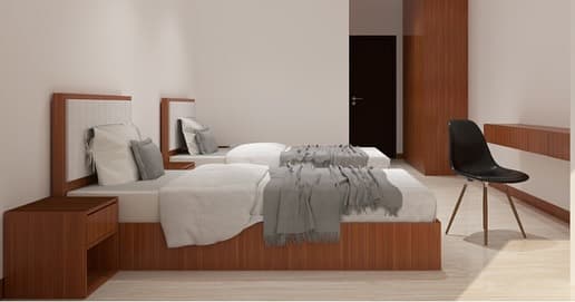 Twin bedroom render with timber bed bases and grey throws