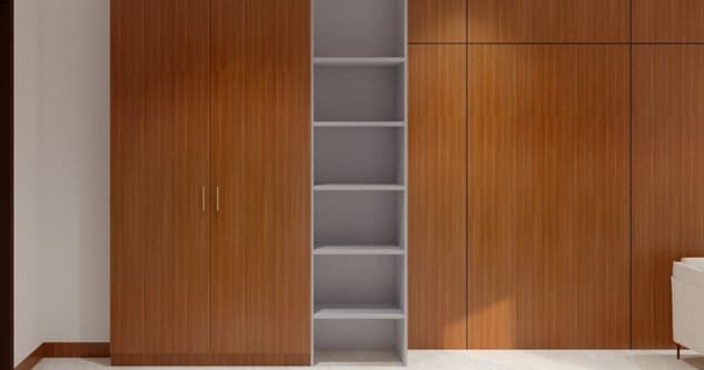 Wardrobe render with open shelving beside full-height timber doors