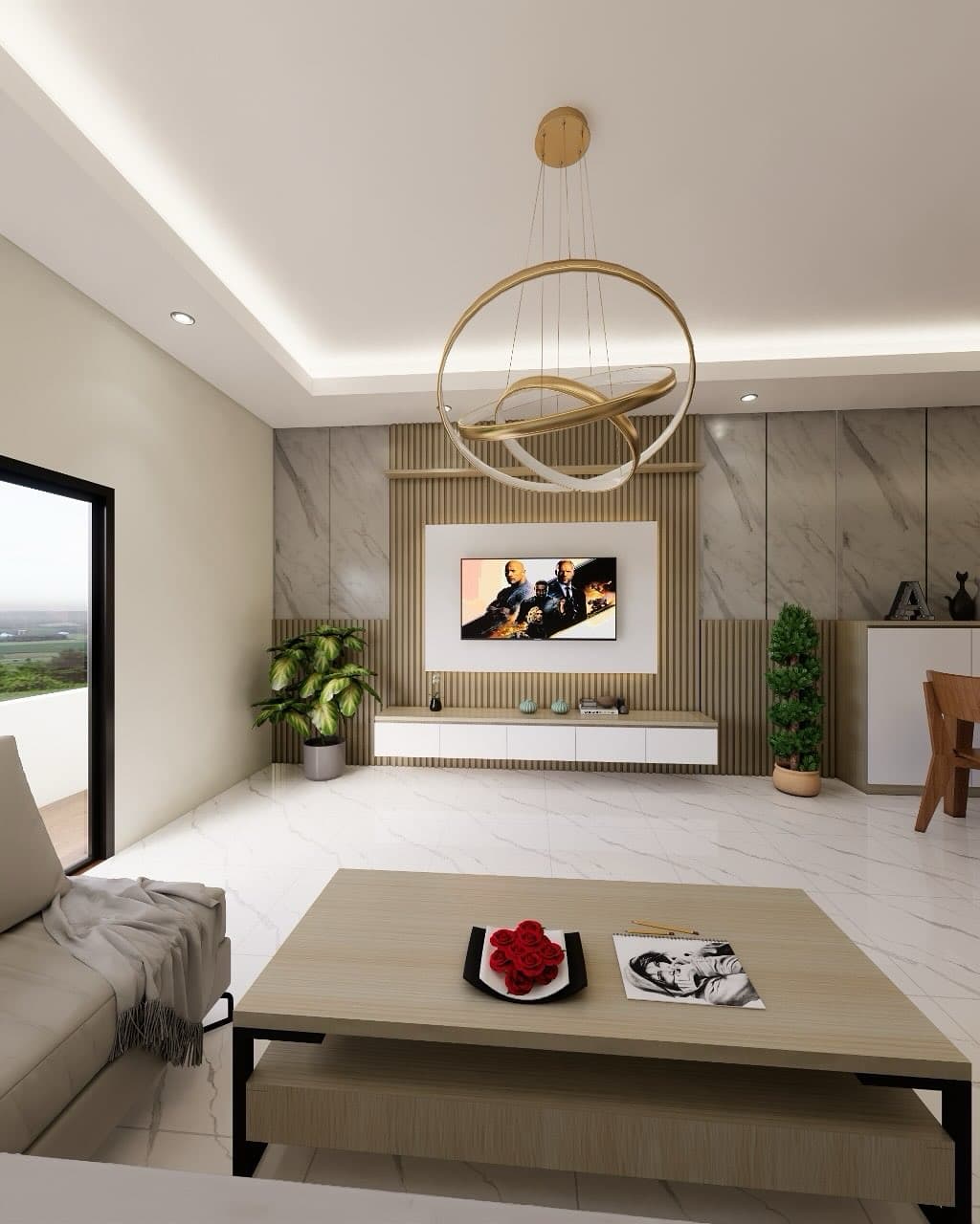 Apartment living room render with a gold pendant light and TV wall