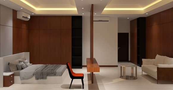 Guest house bedroom render with wood wall panels and a desk