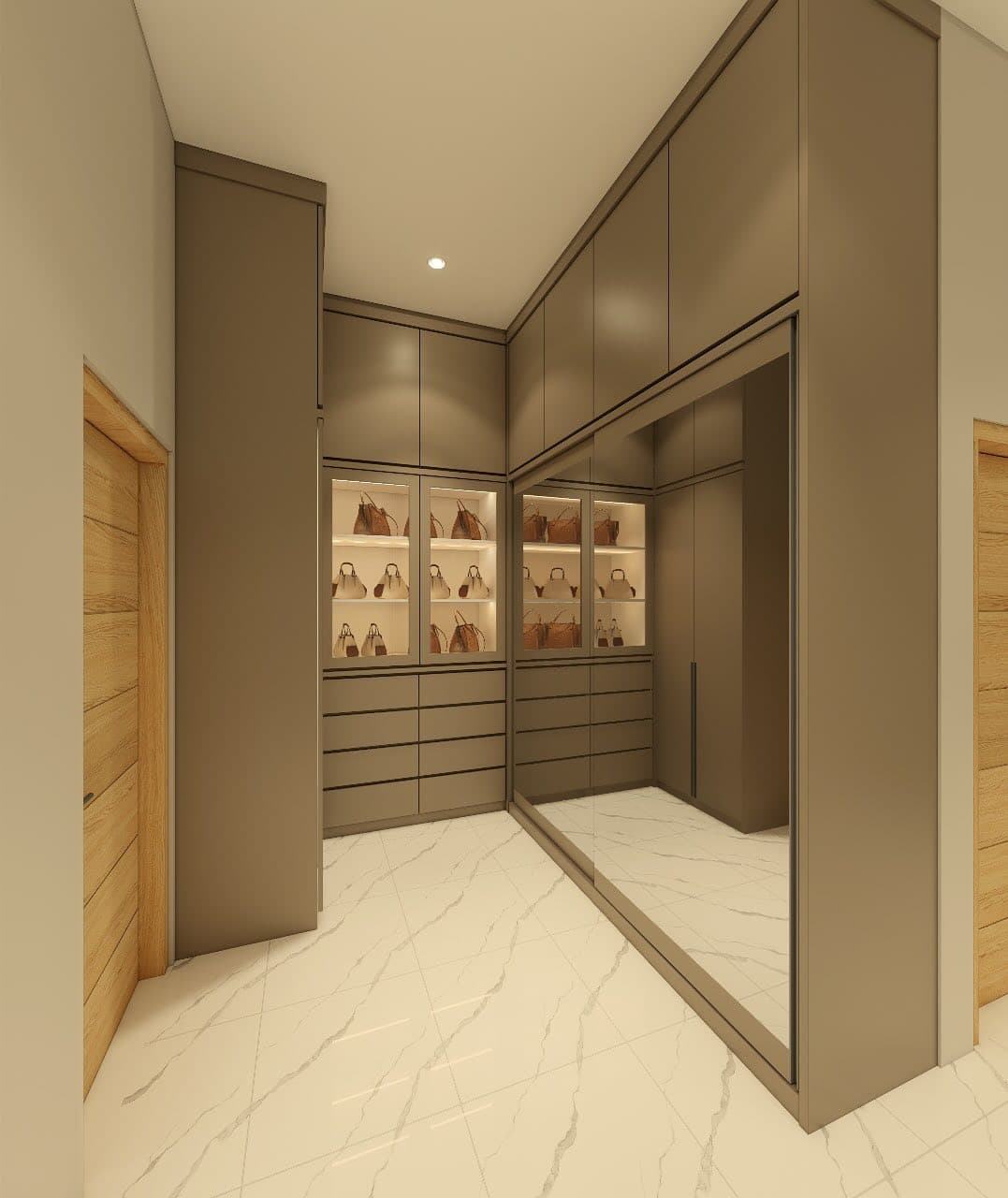 Walk-in wardrobe render with lit display cabinets and mirrored panels