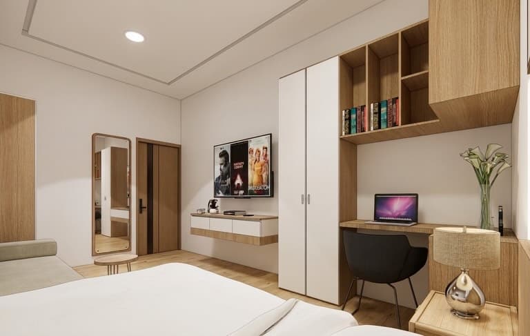 Apartment render: bedroom with a built-in desk, TV, and wardrobe