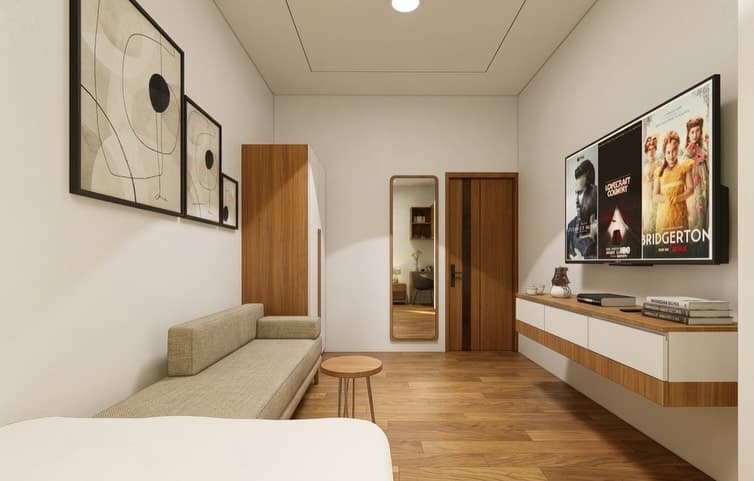 Apartment render: family area with a gallery wall and bench