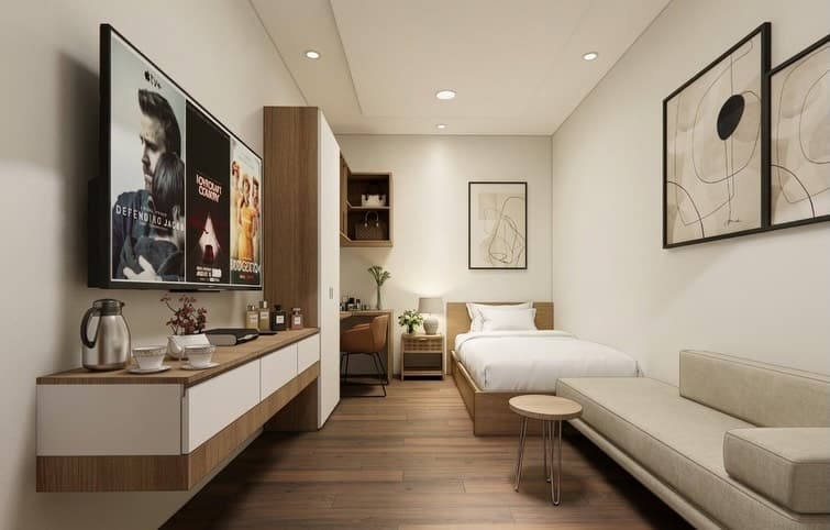 Apartment render: sofa, sideboard, and framed artwork