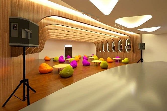 Auditorium render: closer view of the seating and the wood-slat ceiling