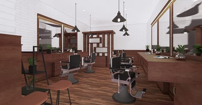 Barbershop render with barber chairs, mirrors, and pendant lights