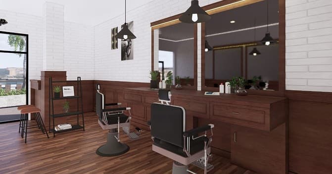 Barbershop render: barber stations and timber-framed mirrors