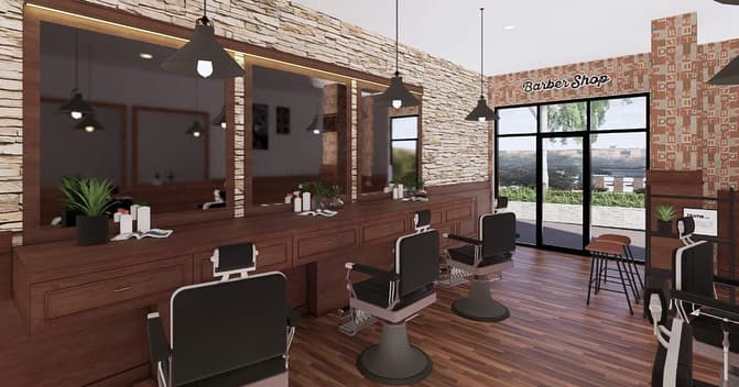 Barbershop render: brick wall, window light, and a seating bench