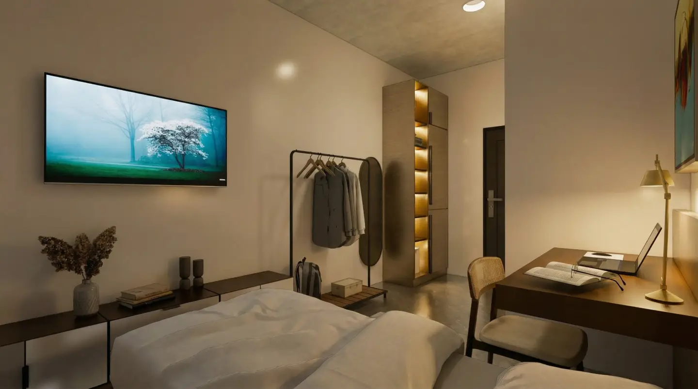 Bedroom render with a TV wall, wardrobe lighting, and warm tones