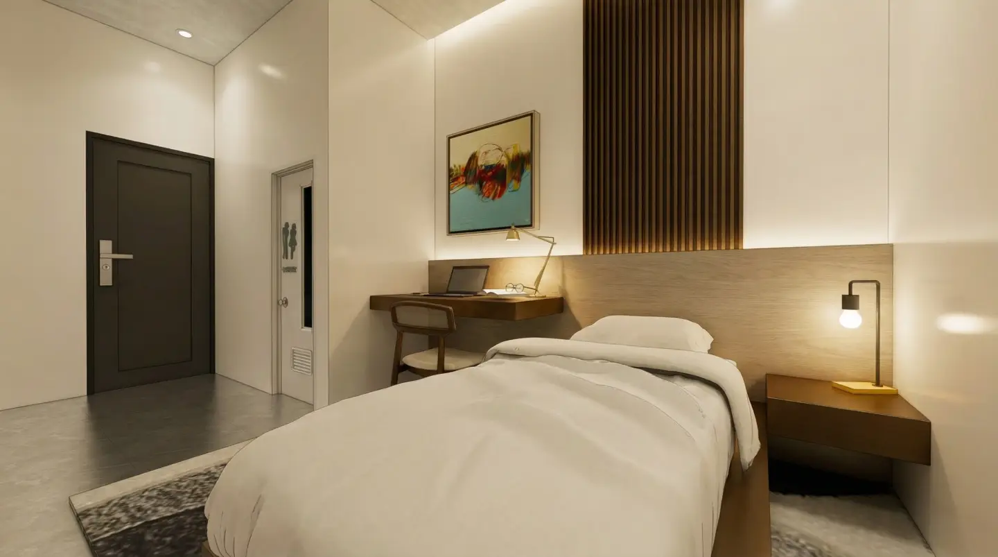 Bedroom render: bed with a desk and framed art above