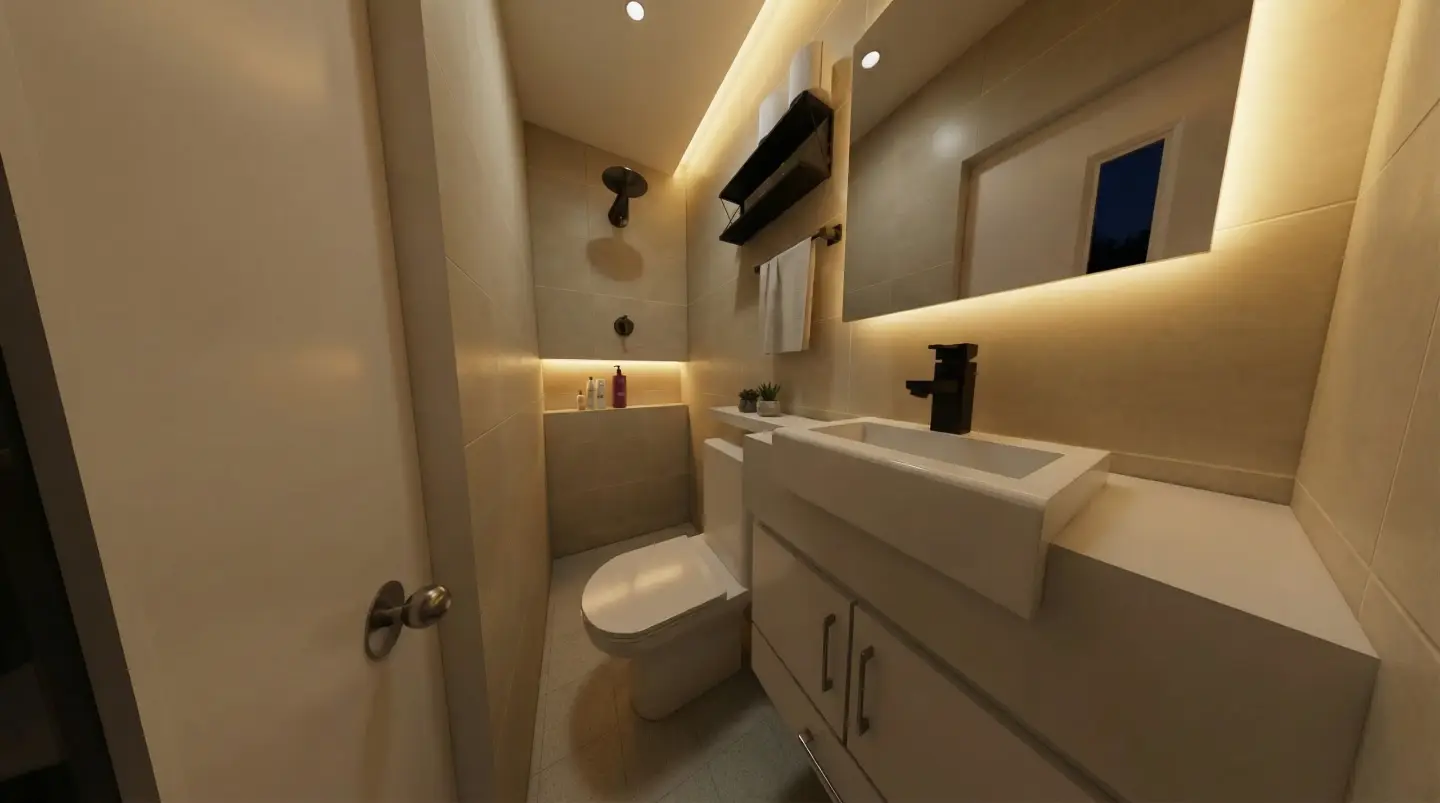 Toilet render: floating vanity and warm mirror light