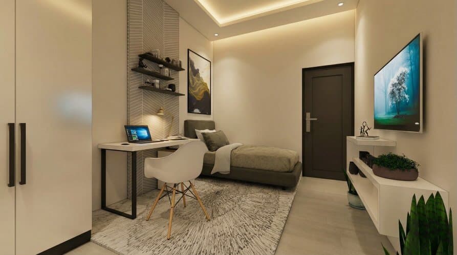 Bedroom render: desk and bed with a TV cabinet