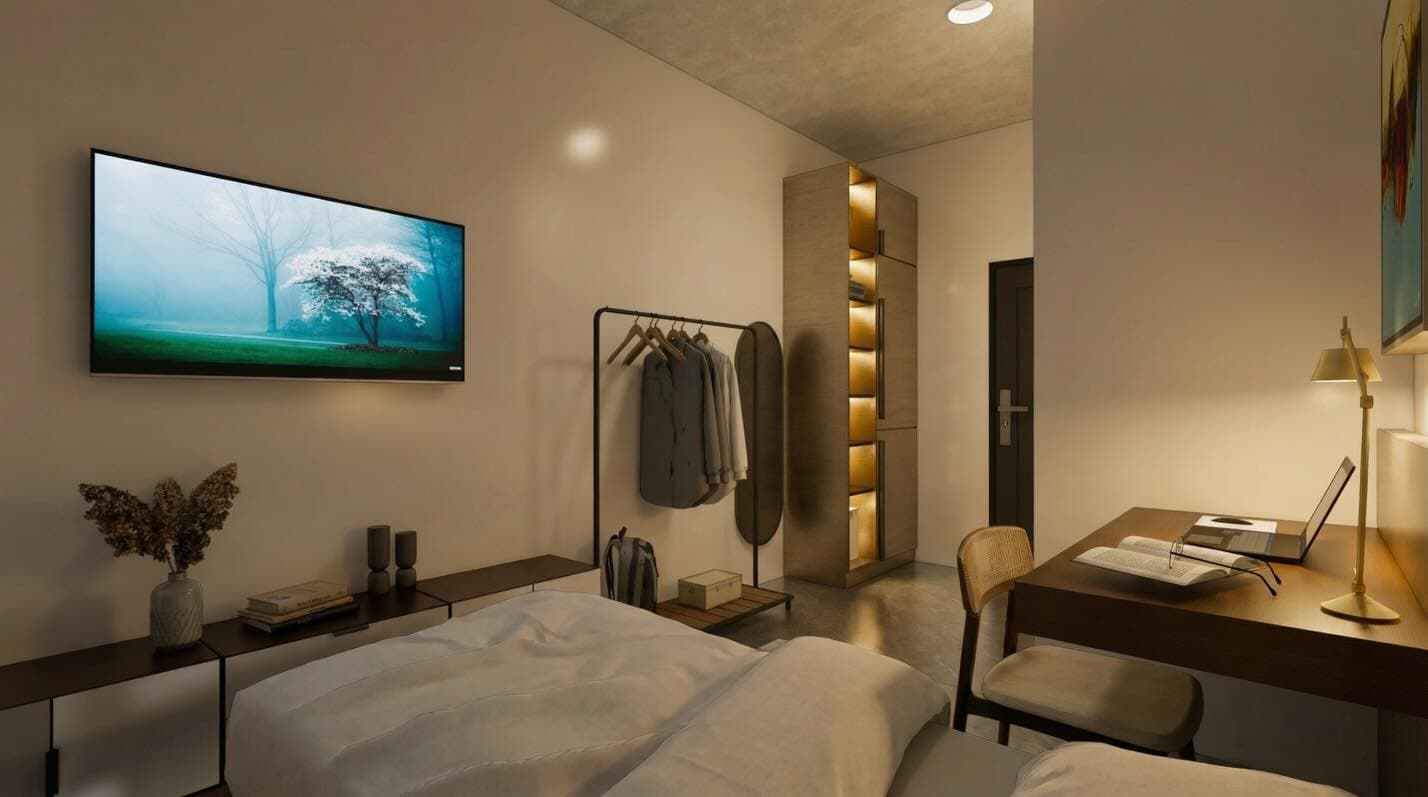 Bedroom render: TV wall with wardrobe and warm strip lighting