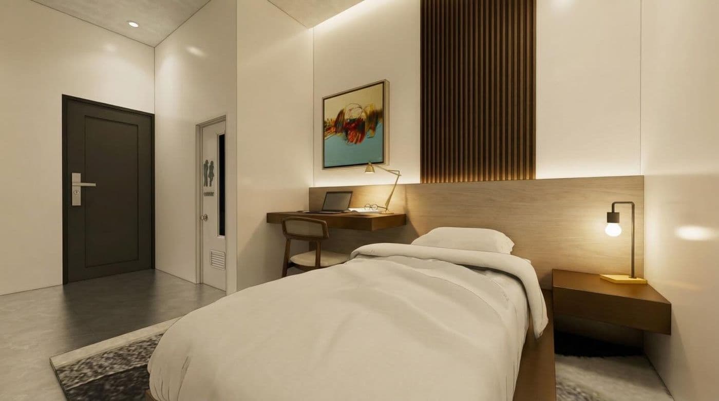 Bedroom render: bed with artwork and wood slat panels