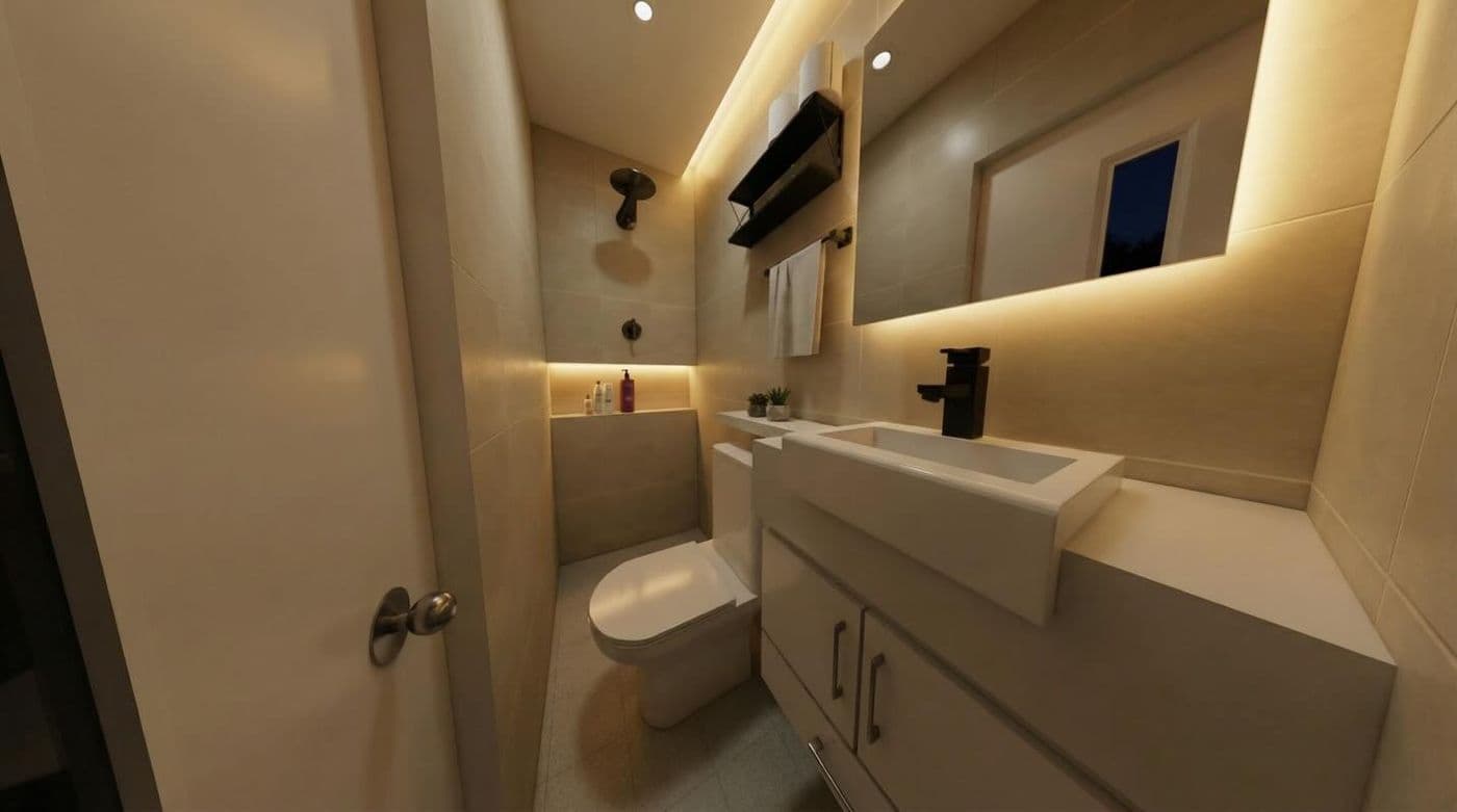 Bathroom render with a floating vanity and warm lighting