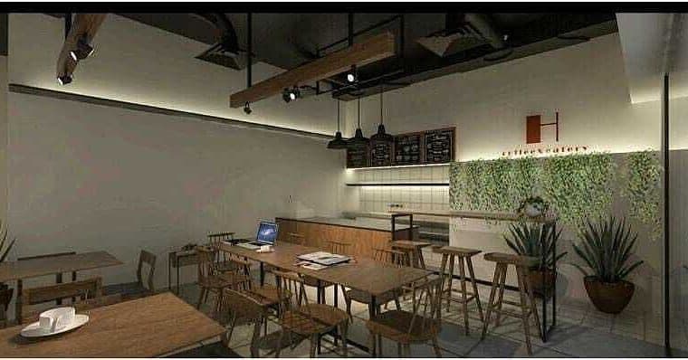Cafe render with dark walls, wood tables, and pendant lights