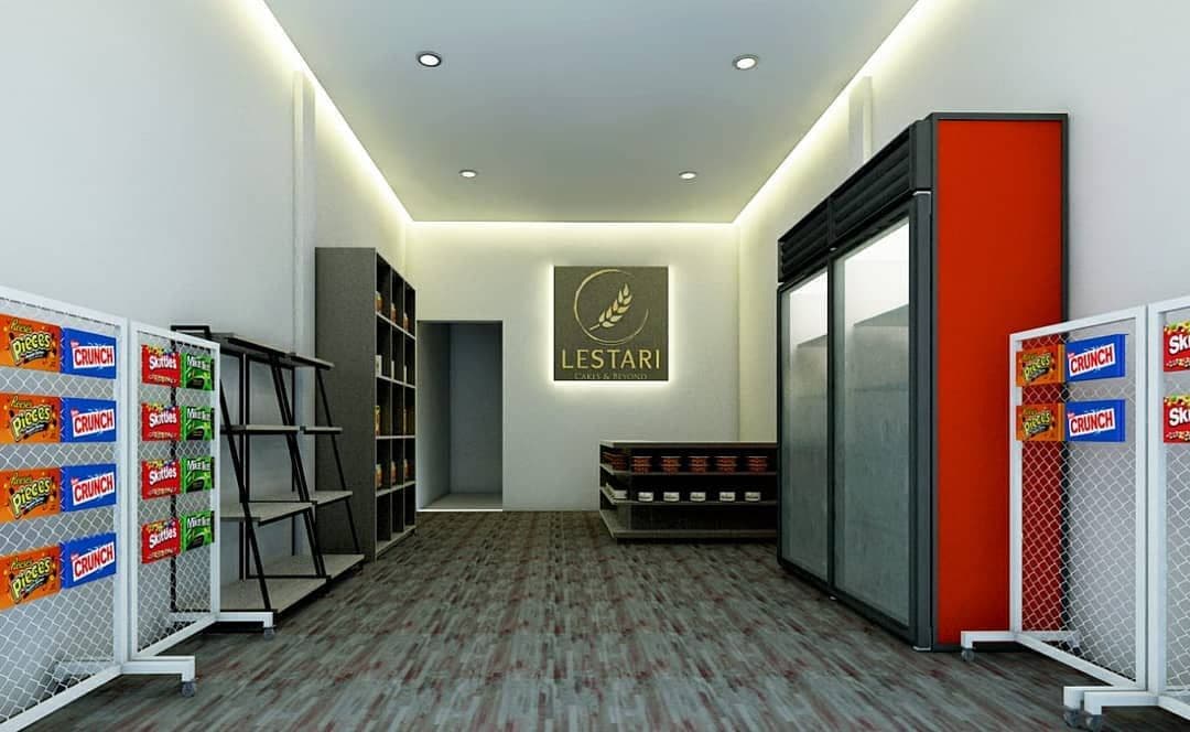 Cake shop render with shelving, a display counter, and pendant lights