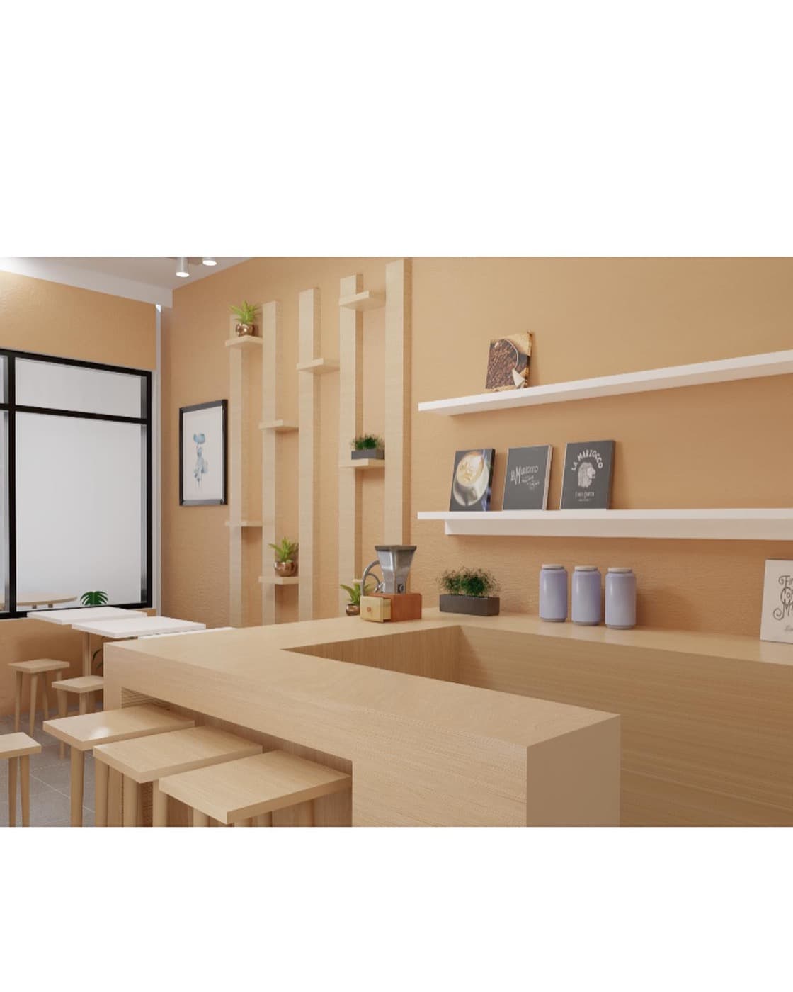 Coffee shop render: timber shelves, counter, and warm lighting