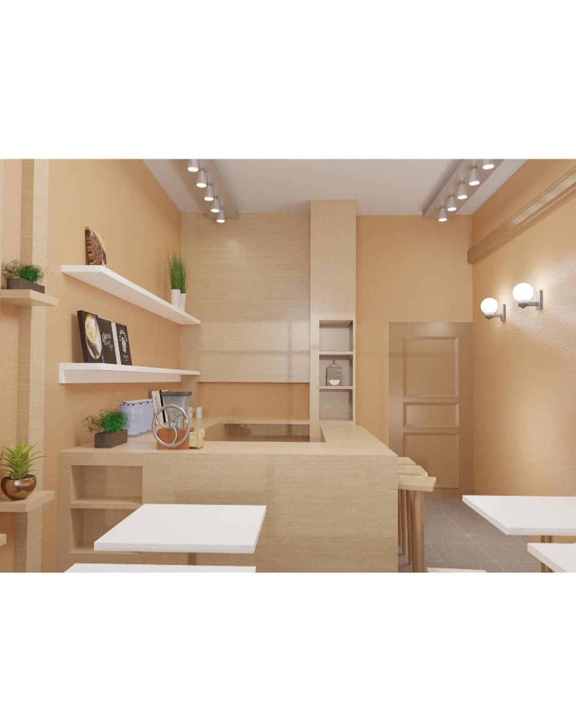 Coffee shop render: seating area with timber shelves and warm lighting