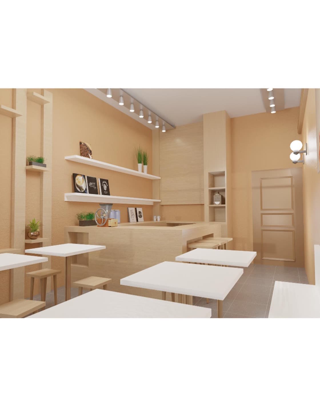 Coffee shop render: tables, shelving, and framed signs on the wall