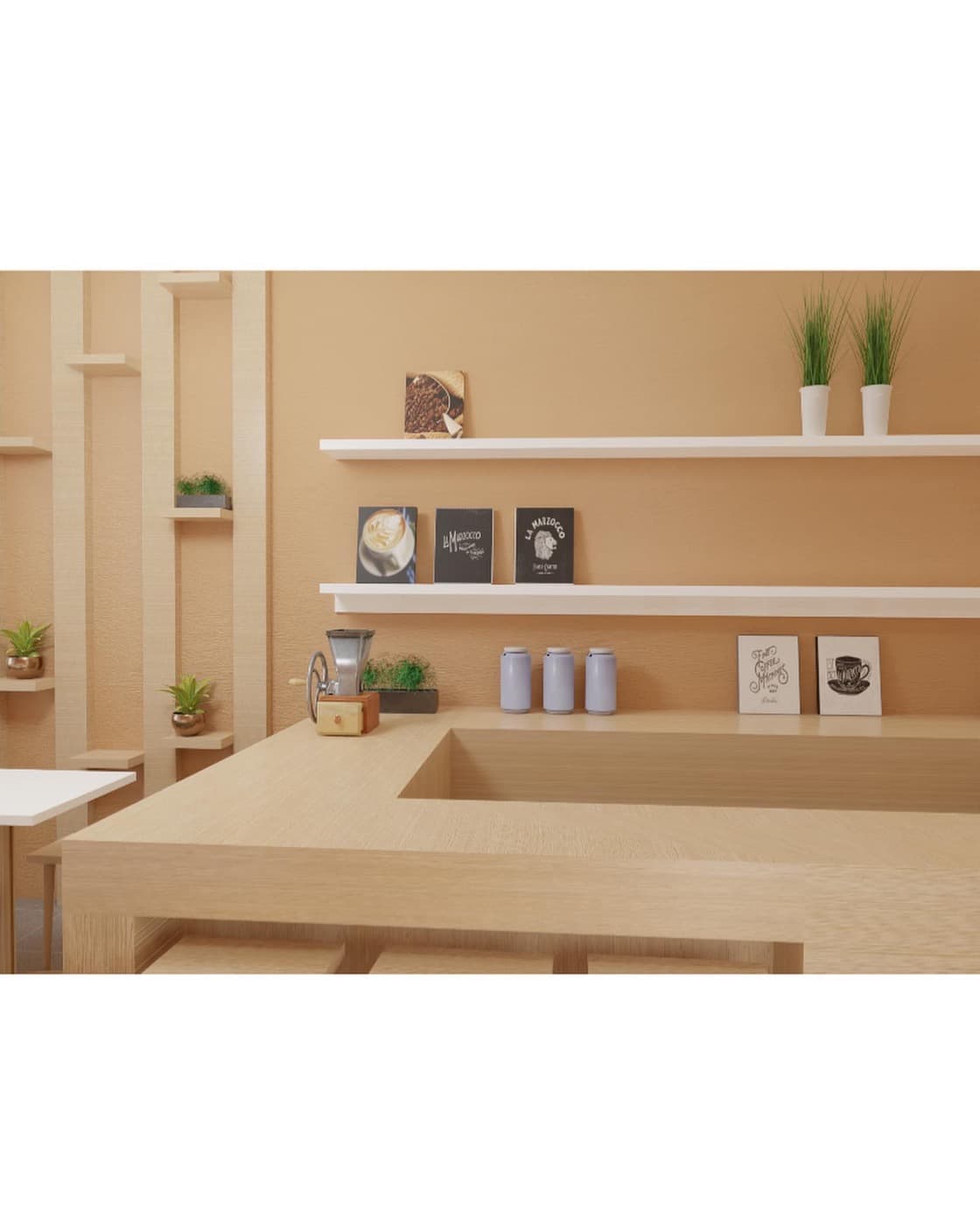 Coffee shop render: the counter with open shelving above