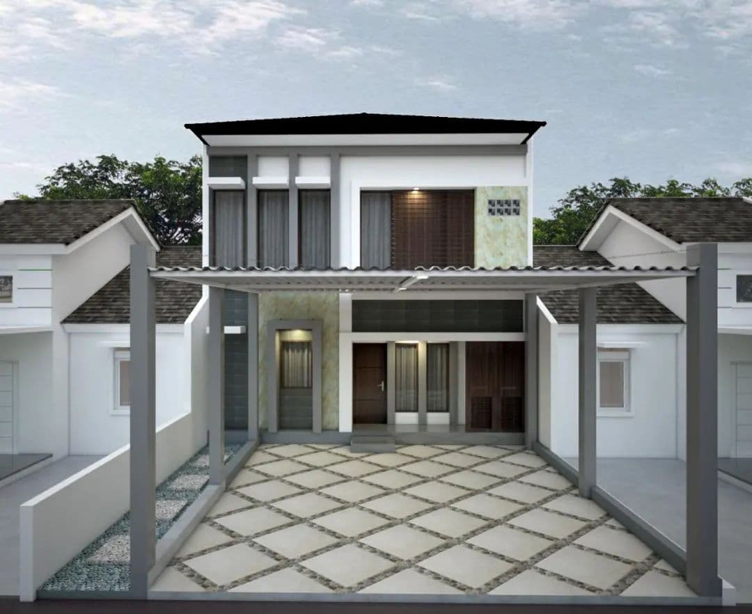 Two-storey house facade render with a paved courtyard