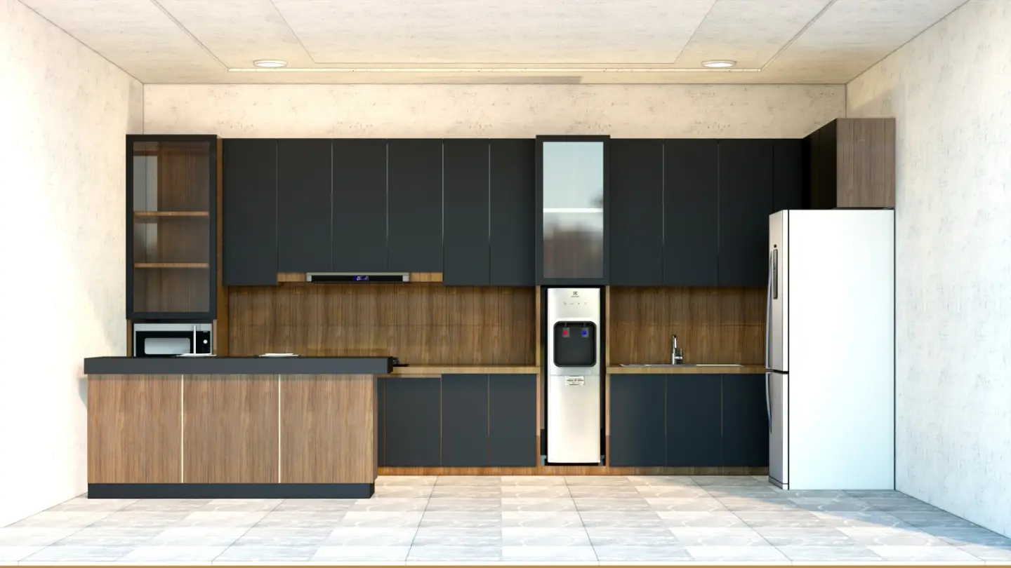 Kitchen set render with dark lower cabinets and white upper cabinets