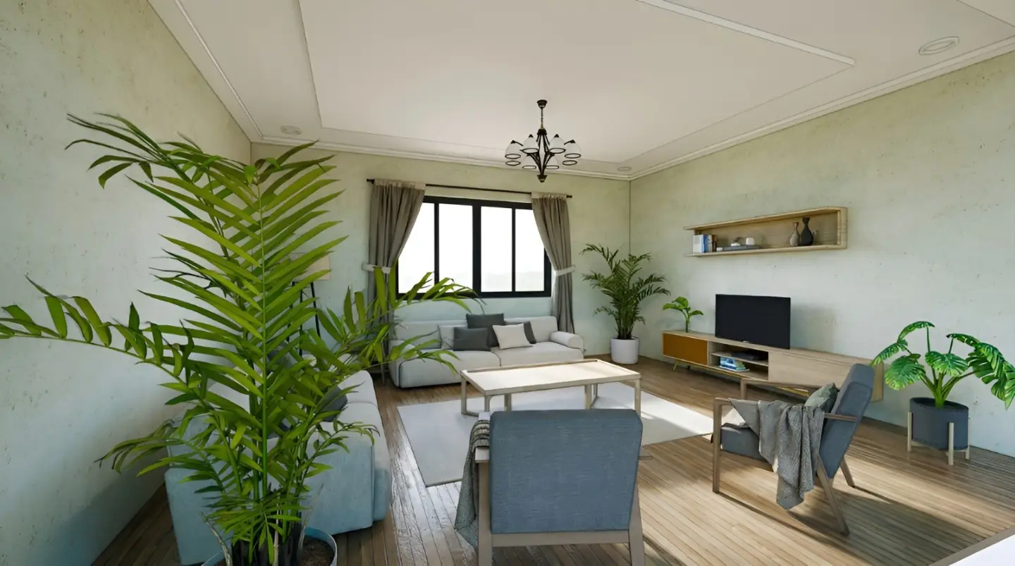 Living room render with indoor plants, wall panels, and a pendant light