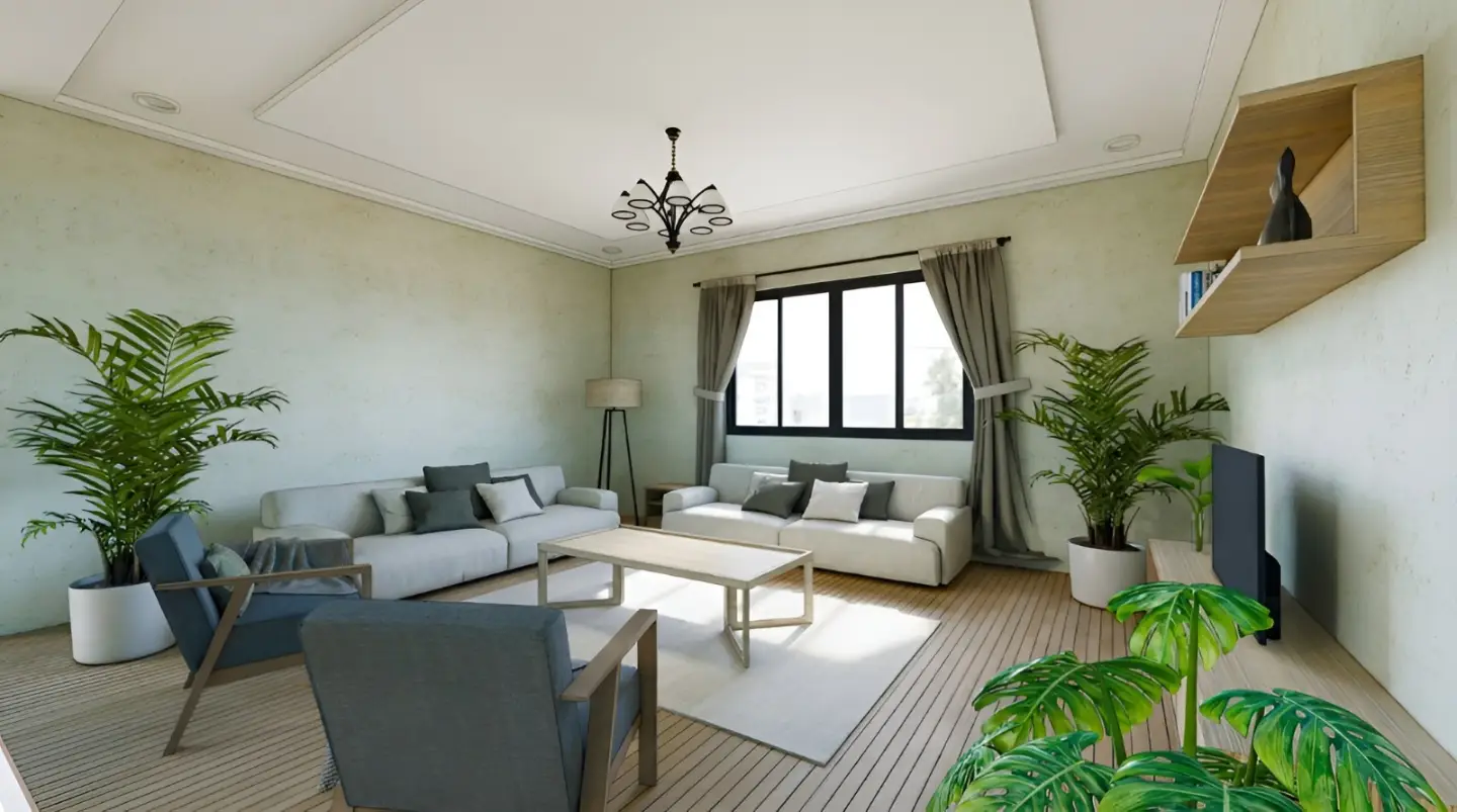 Living room render: seating with carved wall panels and a chandelier