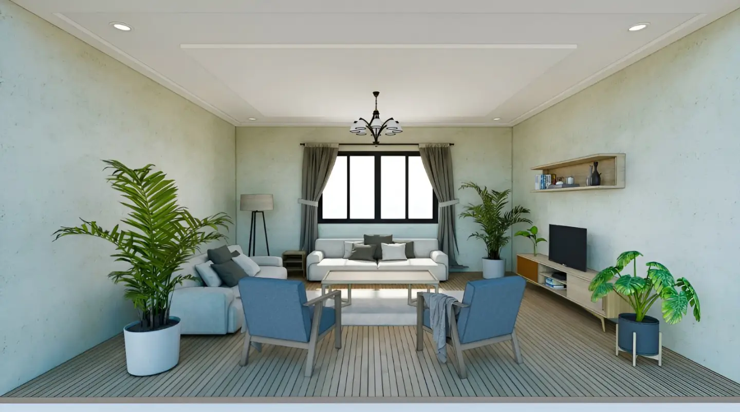 Living room render: sofa corner with indoor plants and side lamps