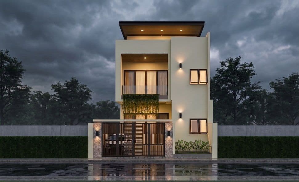 Evening render of a modern three-storey house with warm exterior lights and a front terrace