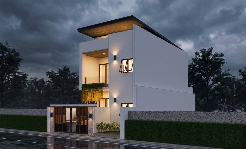 Side view of the three-storey house render at dusk, warm lights on