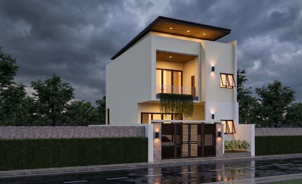 Front gate and planted terrace of the house render