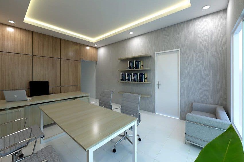 Meeting room render with a long table and wood-panelled walls