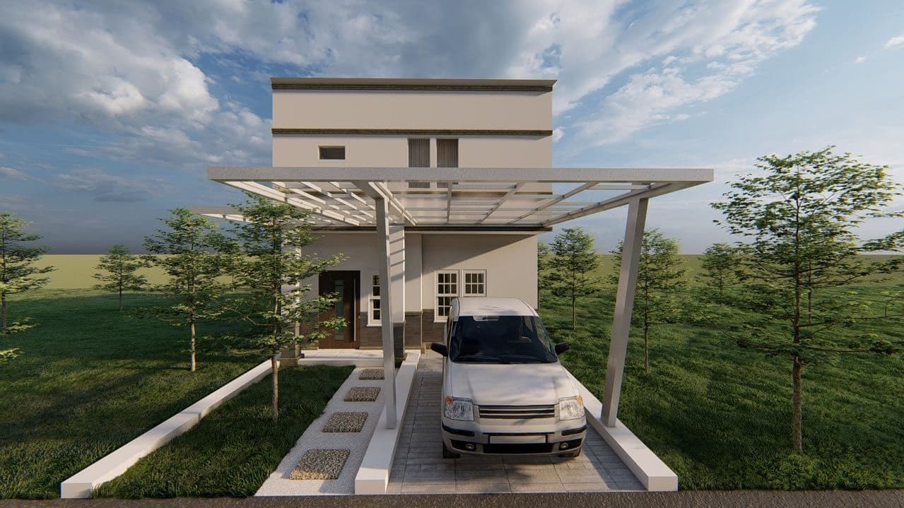 House outlook render with a carport and a canopy over the entrance