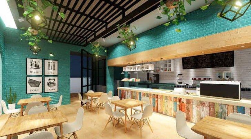 Restaurant render with a teal-tiled counter, plants, and timber tables