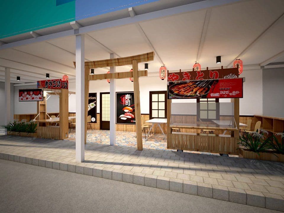 Sushi restaurant render with a timber storefront and hanging lanterns