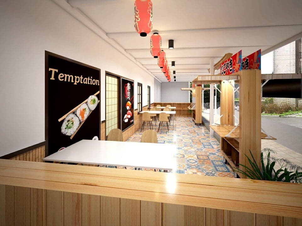 Restaurant interior render with signage and hanging lanterns
