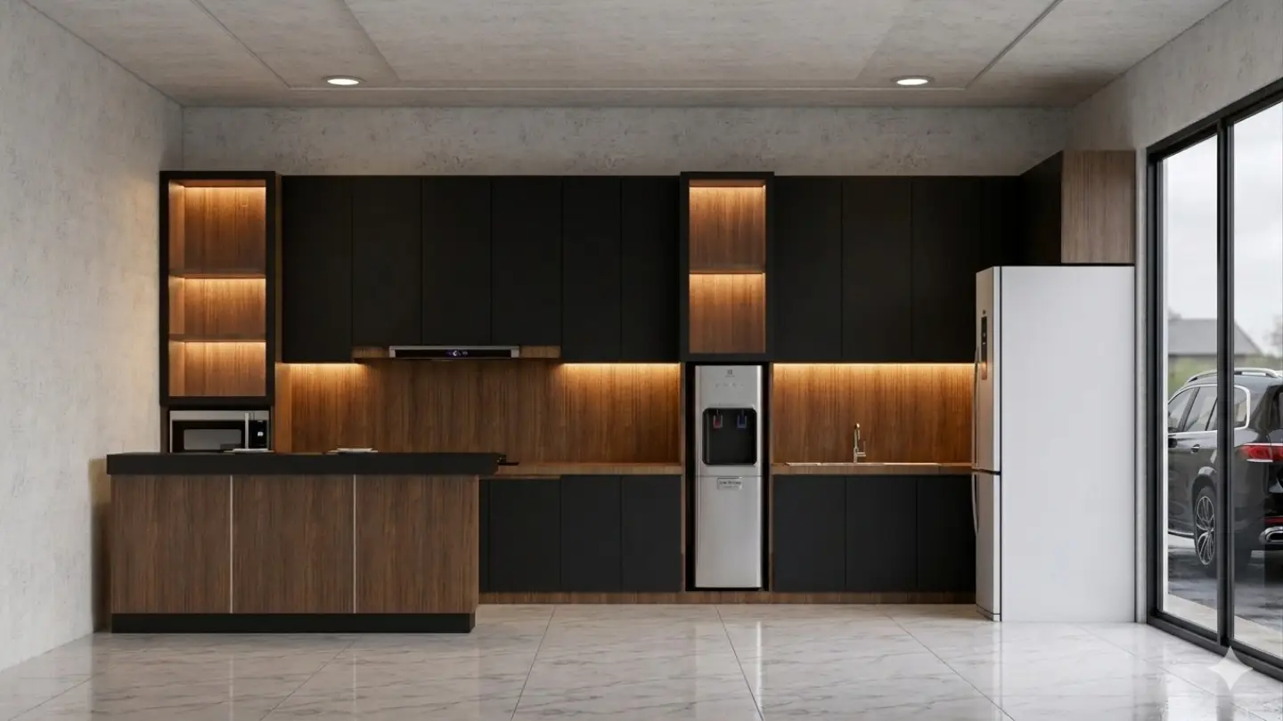Kitchen render with dark cabinets and warm wood panelling, from RR's project archive